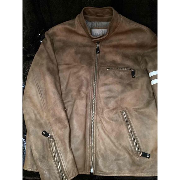 Wilson M. Julian Jacket Men Size M Brown Biker Leather Lined Sleeve Dual Stripes - Picture 2 of 9